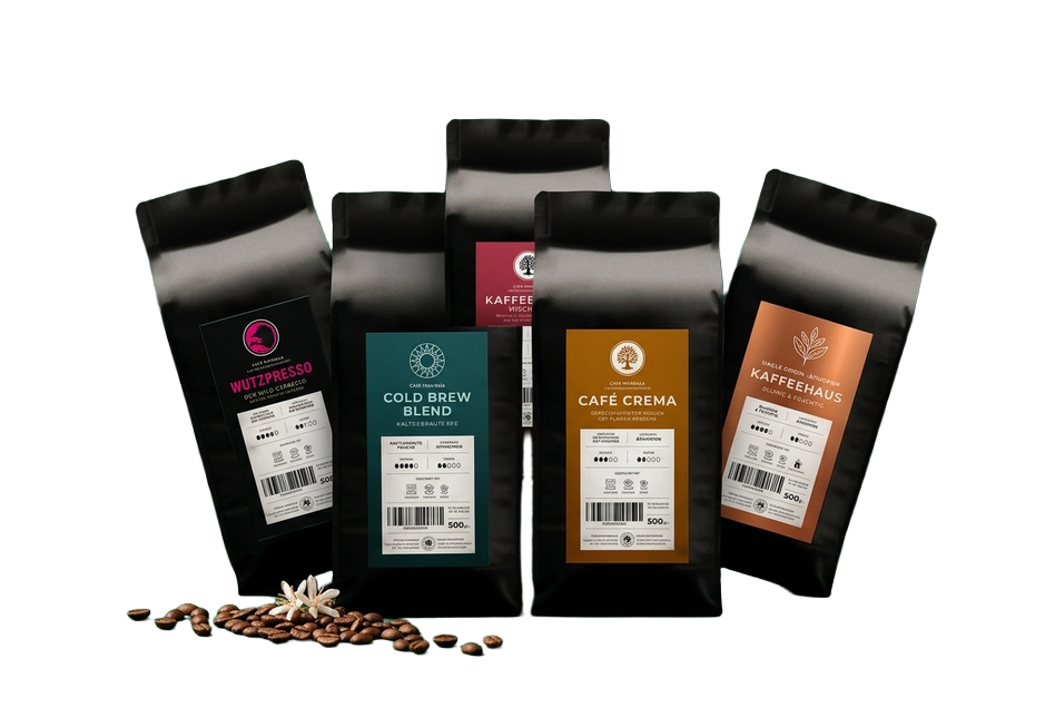 Verschiedene Kaffee-Sorten in schwarzen Verpackungen